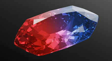A dazzling bicolored gemstone, showcasing a gradient from brilliant red to deep blue, its many facets creating a captivating sparkle and reflecting light