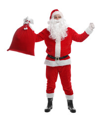 Santa Claus with bag on white background. Merry Christmas and Happy New Year