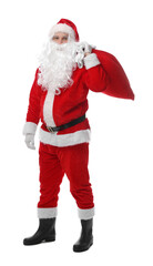 Santa Claus with bag on white background. Merry Christmas and Happy New Year