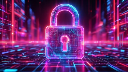 Digital Lock Concept Security in Cyberspace with Glowing Neon Colors