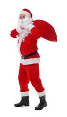 Santa Claus with bag on white background. Merry Christmas and Happy New Year