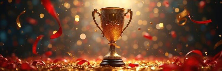 Golden champion cup sits in confetti and red ribbon. Bokeh lights illuminate winning trophy. Festive background underlines success and award. Victory concept illustrated for championship.