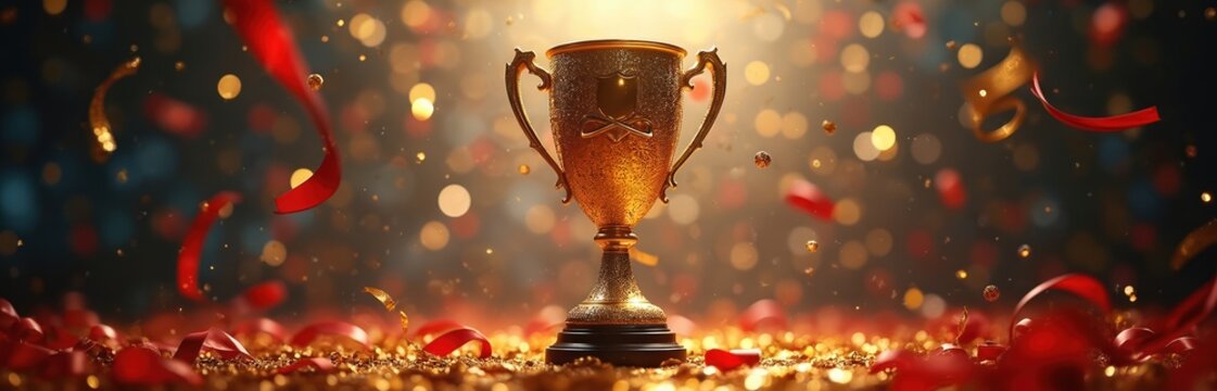 Golden champion cup sits in confetti and red ribbon. Bokeh lights illuminate winning trophy. Festive background underlines success and award. Victory concept illustrated for championship.