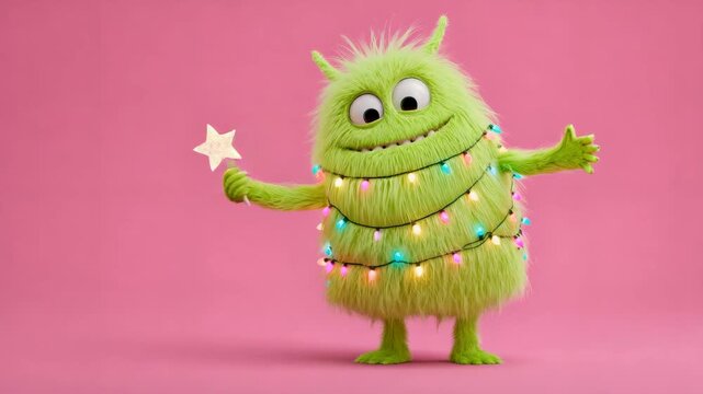Funny fluffy monster decorated with Christmas string lights holding star. Holiday character design on pink background.