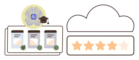 AI brain with graduation cap above student cards, checkmark, cloud, and 5-star rating bar. Ideal for online learning, AI technology, education, performance assessment, cloud storage academic