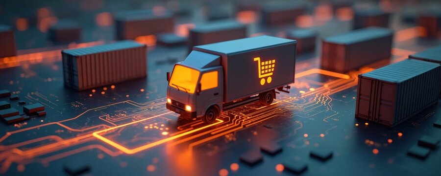Delivery truck with shopping cart icon on glowing digital circuit board pathway. Cargo containers rest on bright orange tech lines. Smart e-commerce logistics, modern supply chain management, global