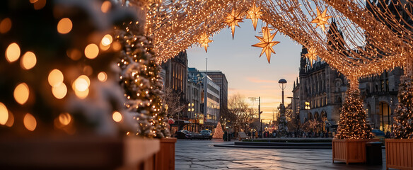 Beautiful holiday lights illuminating a festive city square at dusk