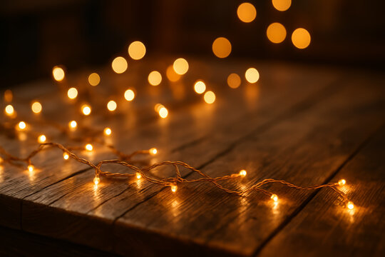 Warm string lights glowing on rustic wooden table surface