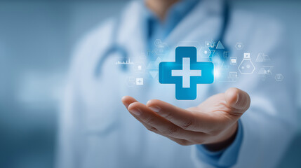 Doctor holding digital medical cross icon in palm