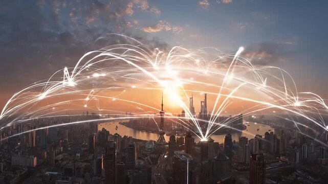 Cityscape network connections at sunset communicating and transmitting data