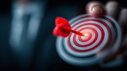 Hand holding dart hitting bullseye on target board