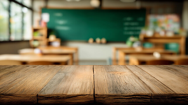 Empty classroom with wooden desks and green chalkboard

