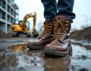 Construction worker stands in water wearing safety boots. Person at building site protects feet with special footwear. Heavy duty shoes. Backhoe in background. Muddy puddles at construction zone.