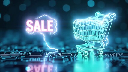 Glowing shopping cart concept on digital circuit for cyber monday sale event with sale text and lightning effect for online deals - Powered by Adobe