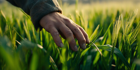 Hand touching tall green grass in a field at sunrise