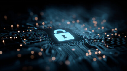 Cybersecurity lock icon on glowing circuit board background
