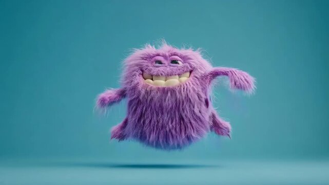 Funny fluffy purple monster with a wide smile and big eyes standing, hovering, and standing again. Creative short animation for child entertainment.
