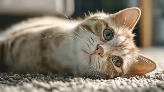 Close up of a domestic cat resting indoors with warm sunlight