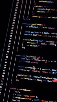 mouse hover movement over written code in closeup shot on monitor - white letters running on black background - concept of education, debugging, research and course of a program script 