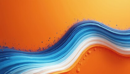 Abstract wavy layers of blue, white flow over orange background with grainy texture. Dynamic lines create modern, energetic visual composition. Vibrant color palette suggests creativity, motion.