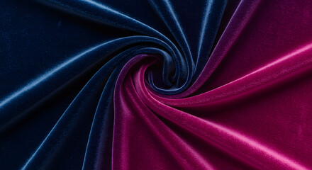 A luxurious swirl of deep blue and vibrant pink velvet fabric creating an elegant and rich texture, perfect for fashion, design, and textile projects