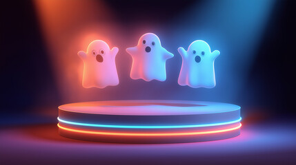 Cute 3D cartoon ghosts on glowing platform with colorful lights