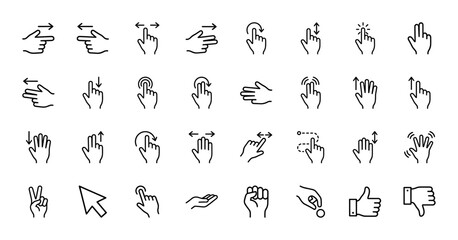 Touch gesture line icon set. Vector pictograms of hand tap, swipe, scroll, click, zoom, pinch, drag, thumbs up and navigation symbols, thin linear illustration.
