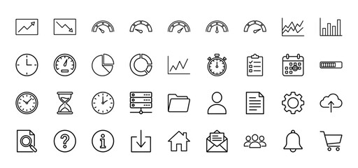 Business and data line icon set. Vector pictograms of charts, clock, calendar, and settings, thin linear illustration.