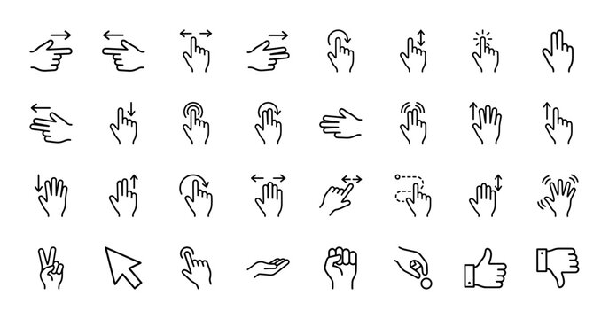 Touch gesture line icon set. Vector pictograms of hand tap, swipe, scroll, click, zoom, pinch, drag, thumbs up and navigation symbols, thin linear illustration.