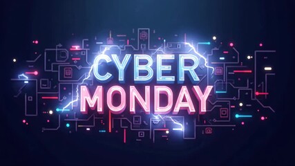 Cyber Monday text with neon light and electric circuit animation for online sale advertisement and digital marketing concept - Powered by Adobe