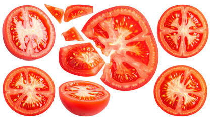 Assortment of sliced red fruit, with visible seeds, arranged on a black backdrop. Details show texture