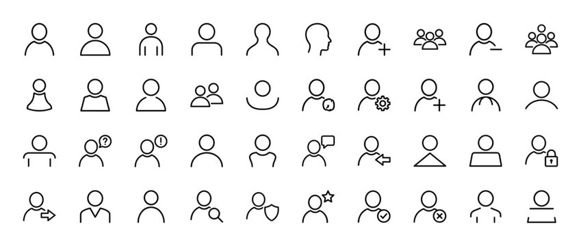 User account and profile line icon set. Vector pictograms of adding, removing, managing, and securing users, thin linear illustration.