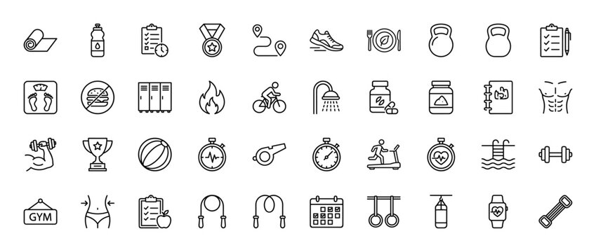 Fitness and gym line icon set. Vector pictograms of dumbbell, treadmill, skipping rope, weights, and diet plan, thin linear illustration.