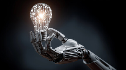 Robot hand holding glowing light bulb symbolizing AI innovation