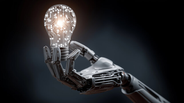 Robot hand holding glowing light bulb symbolizing AI innovation