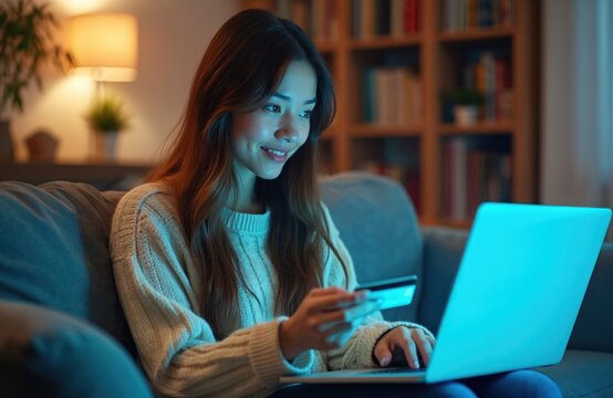 Young Asian woman smiles happily online shopping from home. Holds credit card, types on laptop. Makes secure digital payment. Cozy evening scene with tech transaction on comfortable sofa, buying new