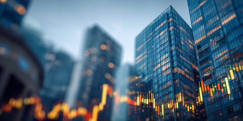 Modern city skyline with stock market graph overlay