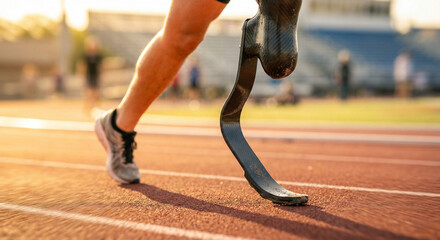 Athlete running with carbon fiber prosthetic leg