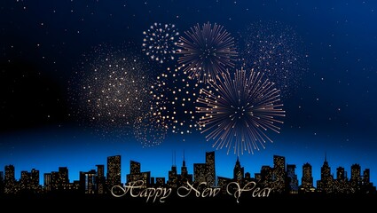 Firework show on blue night sky background. New year concept. Congratulations or invitation card background. Vector illustration