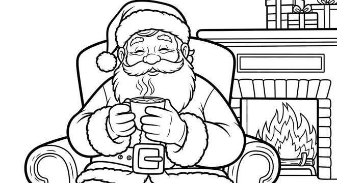 Santa claus relaxing by the fireplace with a hot drink in a black and white coloring page style