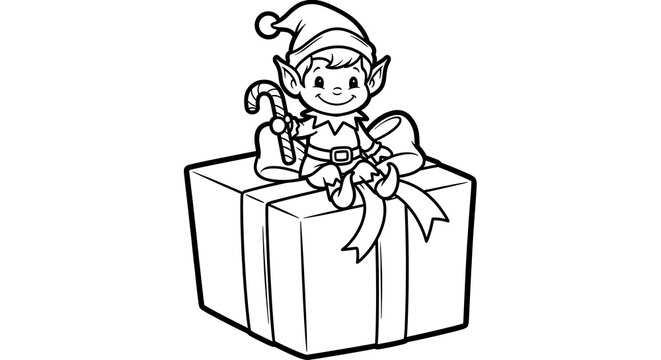 A christmas elf sitting on a present with a candy cane in a black and white line drawing style image