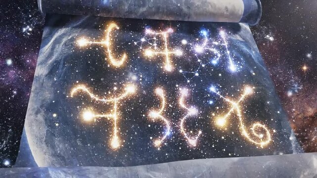 Cosmic scroll with constellations illuminated against starry background