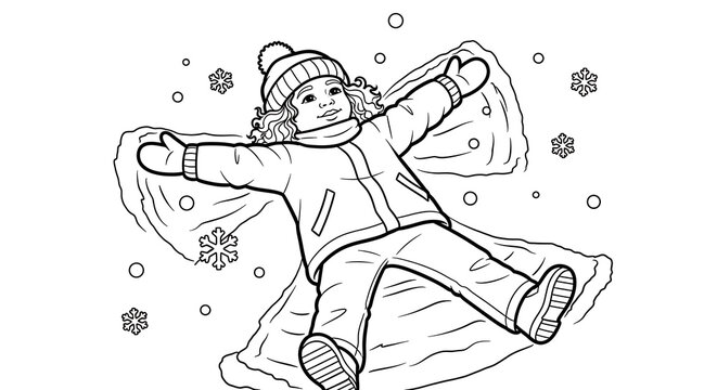 A young girl making a snow angel wearing a winter coat hat and gloves in a black and white line drawing