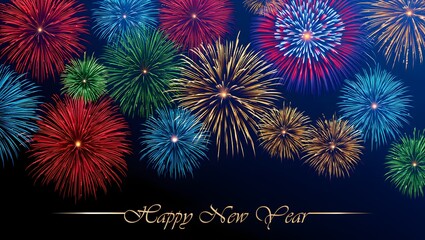 Firework show on blue night sky background. New year concept. Congratulations or invitation card background. Vector illustration