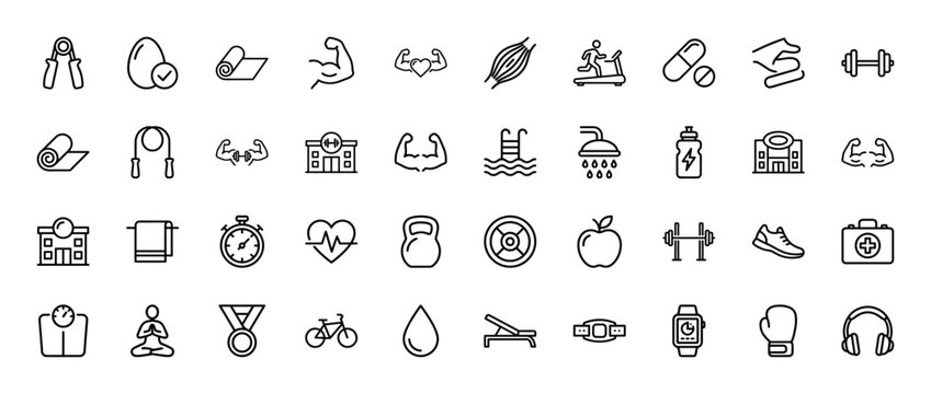 Fitness and gym line icon set. Vector pictograms of dumbbell, treadmill, skipping rope, boxing gloves, and muscle arm, thin linear illustration.