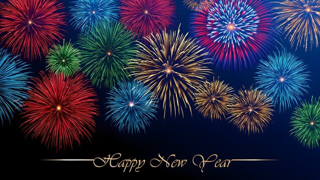 Firework show on blue night sky background. New year concept. Congratulations or invitation card background. Vector illustration