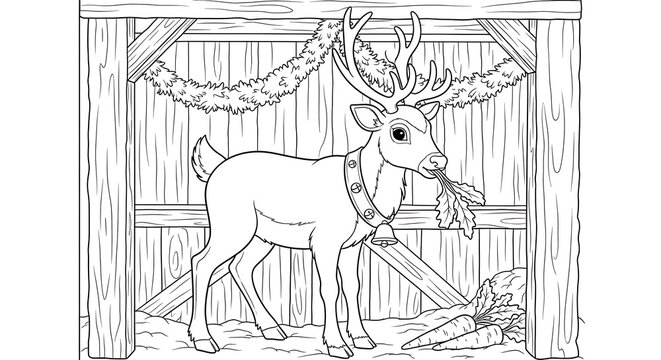 Illustration of a reindeer eating leaves inside a barn decorated with christmas garland - Powered by Adobe