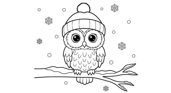 Cute owl wearing a winter hat sitting on a branch with snowflakes falling coloring page illustration