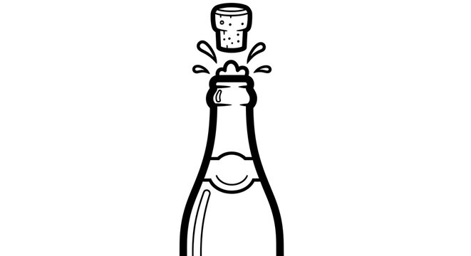 Illustration of a champagne bottle popping its cork with liquid spraying out in black and white style