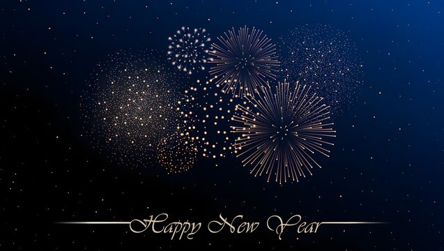 Firework show on blue night sky background. New year concept. Congratulations or invitation card background. Vector illustration - Powered by Adobe